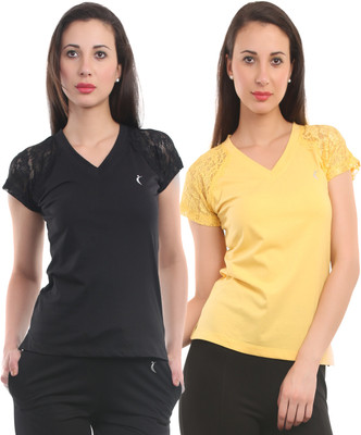 

Ultra Fit Solid Women's V-neck Yellow, Black T-Shirt(Pack of 2), Black;yellow