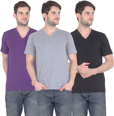 

FnMe Solid Men's V-neck Multicolor T-Shirt(Pack of 3, Black;grey;purple