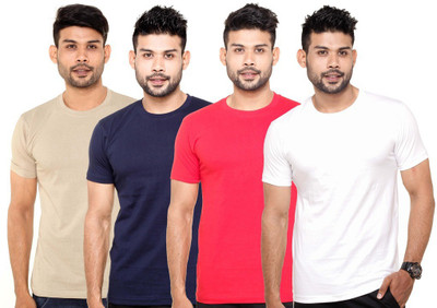 

FLEXIMAA Solid Men's Round Neck Beige, Dark Blue, Red, White T-Shirt(Pack of 4