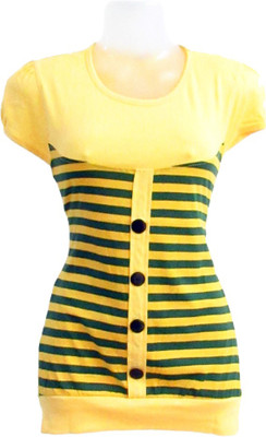 

Revinfashions Solid Women's Round Neck Yellow T-Shirt, Yellow with green colour