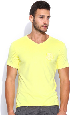 

883 Police Solid Men's V-neck Yellow T-Shirt, Lemon yellow