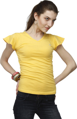 Adam n Eve Solid Women V Neck Yellow T-Shirt
