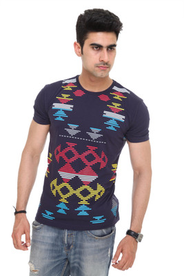 

Colors & Blends Geometric Print Men's Round Neck Blue T-Shirt, Navy