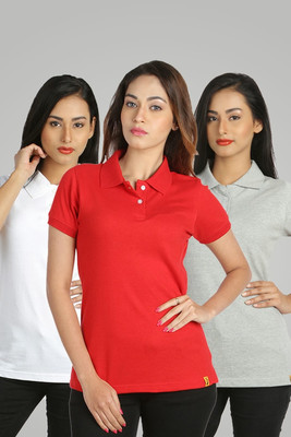 

Campus Sutra Solid Women's Polo Neck Grey, Red, White T-Shirt(Pack of 3