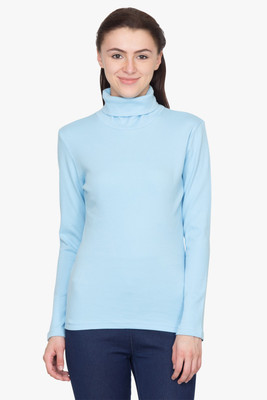 

Hypernation Solid Women's Turtle Neck Blue T-Shirt, Sky blue