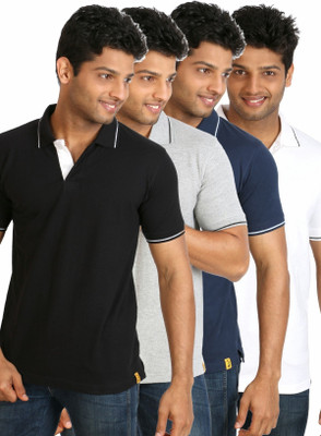 

Campus Sutra Solid Men Polo Neck Black, Dark Blue, Grey, White T-Shirt(Pack of 4, Black:blue:grey:white