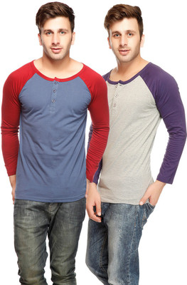 

Gritstones Solid Men' Henley Grey, Blue T-Shirt(Pack of 2, Grey melange/new blue