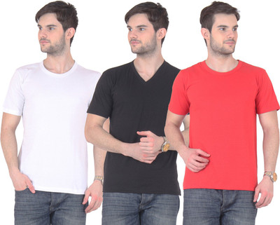 

E'Hiose Solid Men' V-neck Multicolor T-Shirt(Pack of 3, Black_v;red_r;white_r