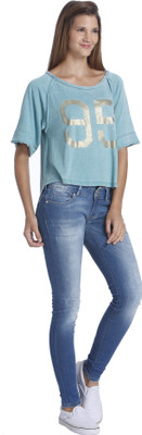 

Only Printed Women's Round Neck Blue T-Shirt, Green-blue slate