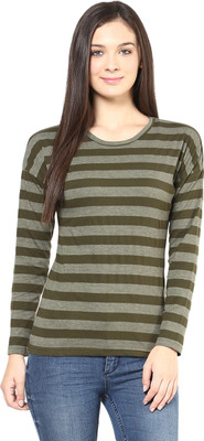 

Hypernation Striped Women's Round Neck Dark Green T-Shirt