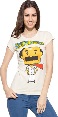 

Chimp Graphic Print Women' Round Neck Beige T-Shirt, Seed pearl