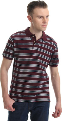 

Indian Terrain Striped Men' Polo Neck Multicolor T-Shirt, Wine
