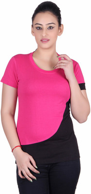 

Vivid Bharti Self Design Women's Round Neck Pink, Black T-Shirt, Black;pink
