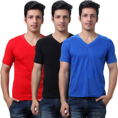 

TeeMoods Solid Men's V-neck Red, Blue, Black T-Shirt(Pack of 3), Black;blue;red