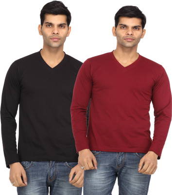 

Leana Solid Men' V-neck Black, Maroon T-Shirt(Pack of 2