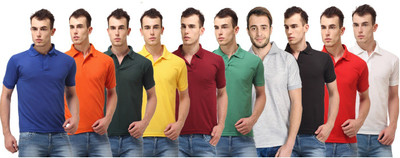 

Lime Solid Men's Polo Neck Blue, Red, Orange, Black, Light Blue, Green, Dark Green, Yellow, Grey T-Shirt(Pack of 10
