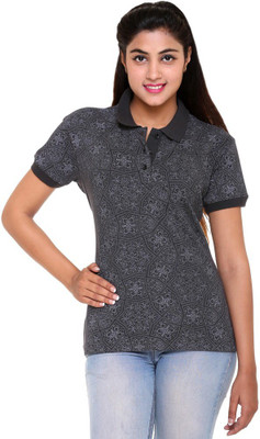 

Colors & Blends Printed Women' Polo Neck Grey T-Shirt, Charcoal