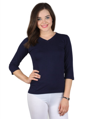 

SayItLoud Solid Women' V-neck Dark Blue T-Shirt