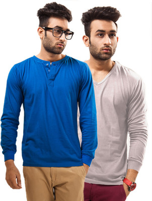 

Unisopent Designs Solid Men's Henley Blue, Grey T-Shirt(Pack of 2, Royal blue