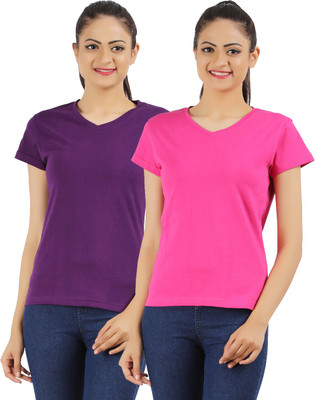 

Ap'pulse Solid Women's V-neck Purple, Pink T-Shirt(Pack of 2), Purple;pink1