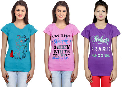 Indistar Printed Women Round Neck Purple, Blue, Pink T-Shirt
