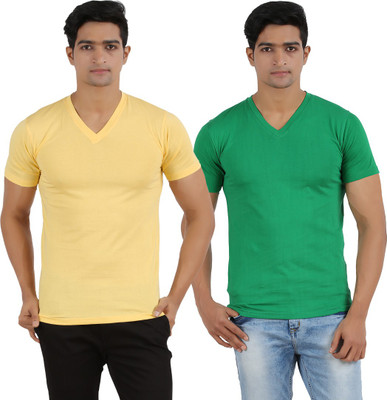

Lyril Solid Men's V-neck Yellow, Dark Green T-Shirt(Pack of 2, Dark green;yellow