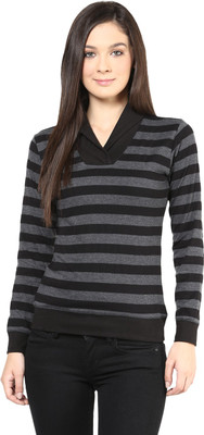 

Hypernation Striped Women's Draped Neck Black, Grey T-Shirt