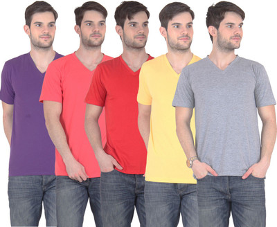 

E'Hiose Solid Men' V-neck Multicolor T-Shirt(Pack of 5, Carrot;grey;purple;red;yellow
