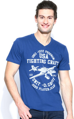 

John Players Printed Men's V-neck Blue T-Shirt, 1a3