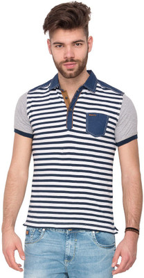 

Mufti Striped Men's Polo Neck Blue T-Shirt