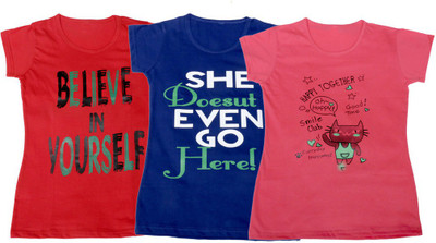 

IndiWeaves Girls Printed T Shirt(Multicolor, Red & blue & pink