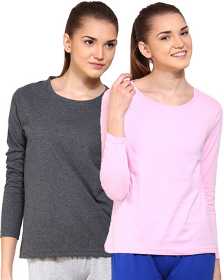 

Ap'pulse Solid Women Round Neck Grey, Pink T-Shirt(Pack of 2), _amel_lpnk