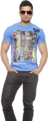 

Gritstones Printed Men' Round Neck Blue T-Shirt