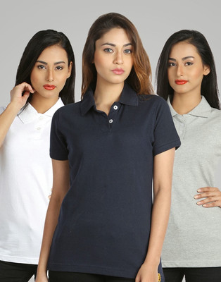 

Campus Sutra Solid Women's Polo Neck White, Blue, Grey T-Shirt(Pack of 3)