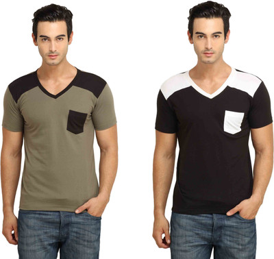 

Fio Solid Men' V-neck Brown, Black T-Shirt(Pack of 2, Black;brown