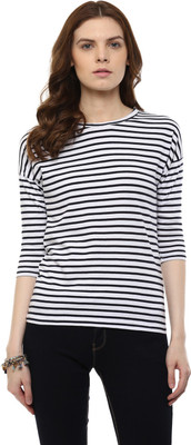 

Hypernation Striped Women' Round Neck Blue, White T-Shirt