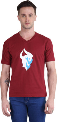 BRITISH TERMINAL Self Design Men V Neck Maroon T-Shirt