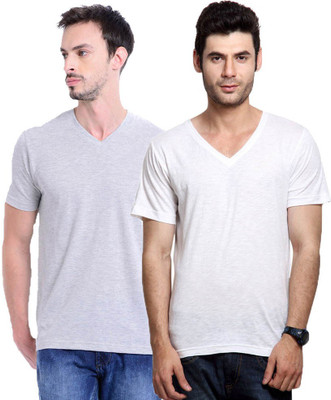 

Purple Square Solid Men's V-neck Multicolor T-Shirt(Pack of 2, Grey;white