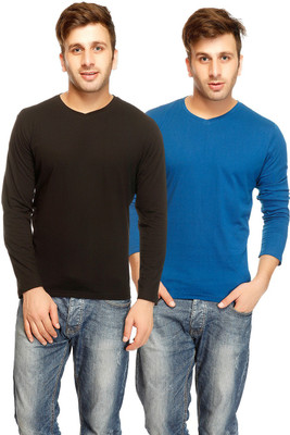 

Gritstones Solid Men's V-neck Blue, Black T-Shirt(Pack of 2, Black/indigo