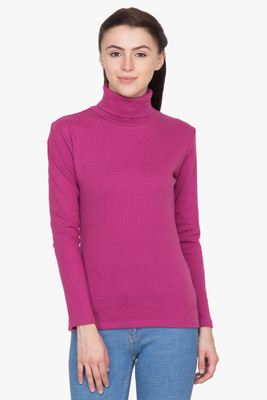 

Hypernation Solid Women' Turtle Neck Pink T-Shirt, Wine