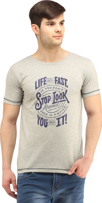 

Fio Printed Men's Round Neck Grey T-Shirt, Navy blue print on grey base.