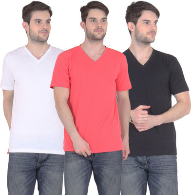 

FnMe Solid Men's V-neck Multicolor T-Shirt(Pack of 3, Black;carrot;white