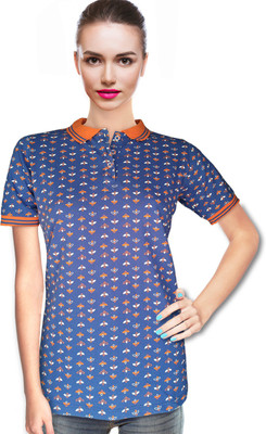 

BeforeAfter Printed Women' Polo Neck Blue, Orange T-Shirt, Teal blue
