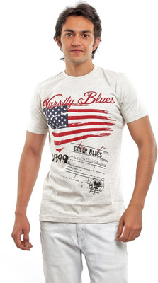 

BG69 Graphic Print Men's Round Neck Light Blue T-Shirt, Ecru