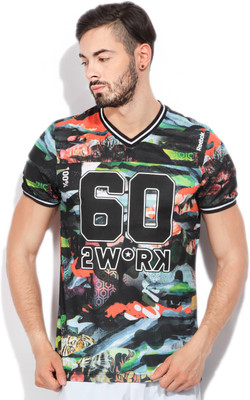

REEBOK Printed Men's V-neck Multicolor T-Shirt, Solor green