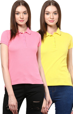 

Trend18 Solid Women's Polo Neck Yellow, Pink T-Shirt(Pack of 2), Pink;yellow