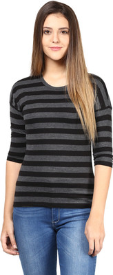 

Hypernation Striped Women's Round Neck Black, Grey T-Shirt