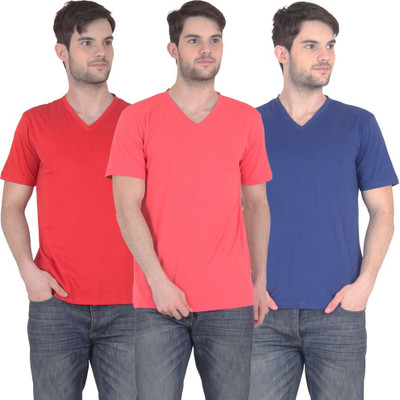 

FnMe Solid Men's V-neck Multicolor T-Shirt(Pack of 3, Blue;carrot;red