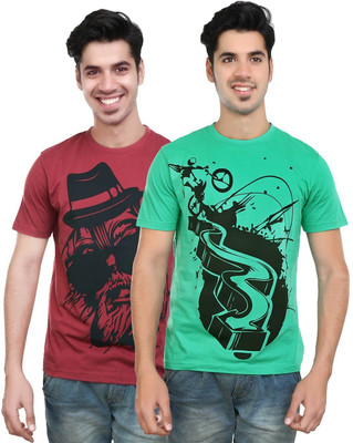

Algotton Graphic Print Men's Round Neck Maroon, Green T-Shirt(Pack of 2, Green;maroon