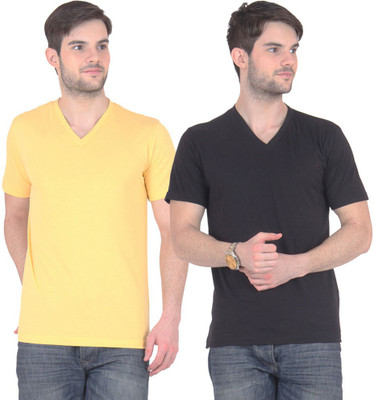 

FnMe Solid Men's V-neck Multicolor T-Shirt(Pack of 2, Black;yellow